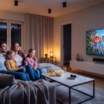 Семья смотрит IPTV на большом Smart TV в уютной гостиной